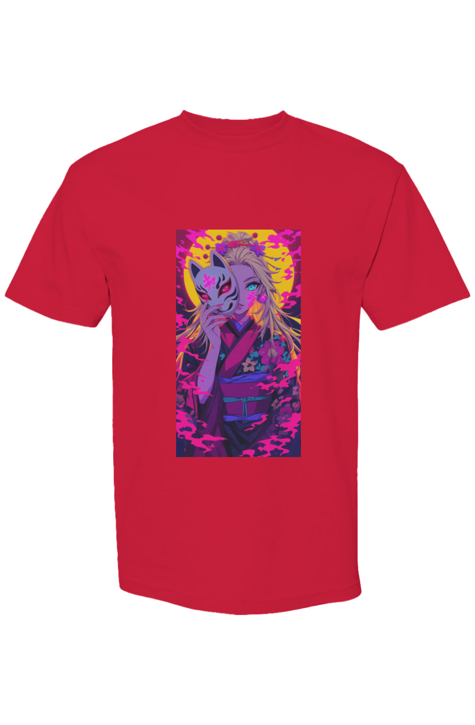 Drewsidious Otaku Collection XXI | Seven 25 T-shirt featuring a kimono-clad woman with a kitsune mask, surrounded by vibrant flames and a glowing circle.