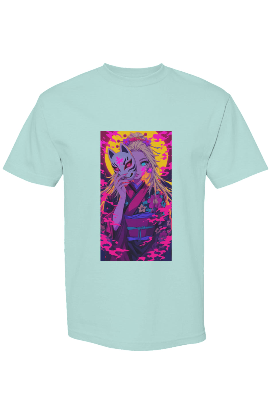 Light-mint T-shirt featuring anime art from Drewsidious Otaku Collection XXI | Seven 25: woman in kimono with fox mask, moon, and neon-pink swirls.