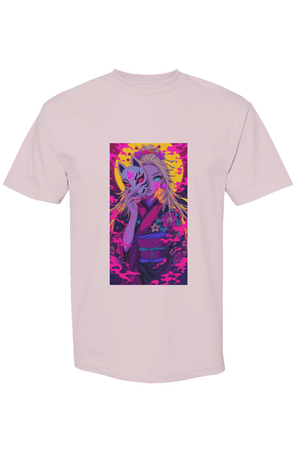 Anime-style T-shirt from Drewsidious Otaku Collection XXI | Seven 25, featuring a woman in a floral kimono with a fox mask, vibrant digital art.