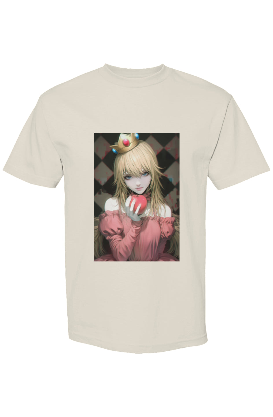 Anime-style T-shirt from Drewsidious Otaku Collection XV | Seven 25, featuring a crowned woman in a pink gown holding an apple, on heavyweight cotton.