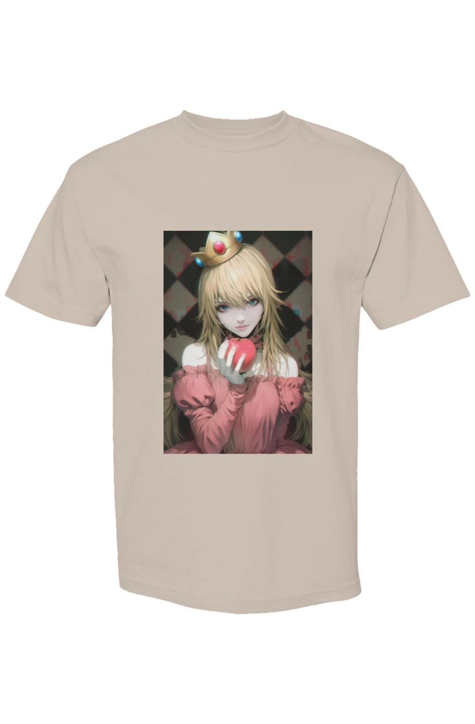 Drewsidious Otaku Collection | Seven 25 T-shirt featuring anime-style print of a crowned woman in a pink gown holding an apple, on heavyweight cotton.
