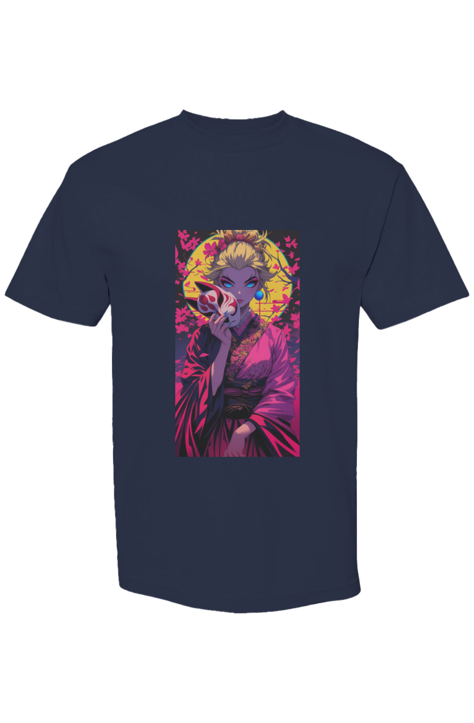 Navy-blue T-shirt from Drewsidious Otaku Collection XVI | Seven 25 featuring anime-style woman with kitsune mask and cherry blossoms against a glowing disc backdrop.