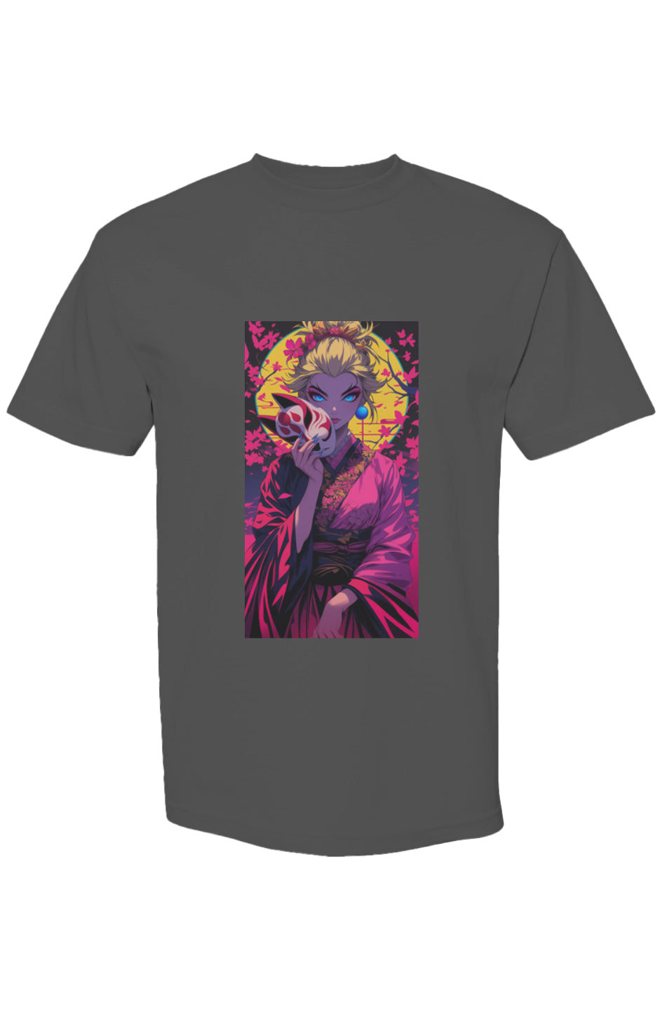 Dark-gray T-shirt featuring Drewsidious Otaku Collection XVI | Seven 25, with anime-style geisha artwork, neon-tinged moon, and cherry blossom motif on premium cotton.