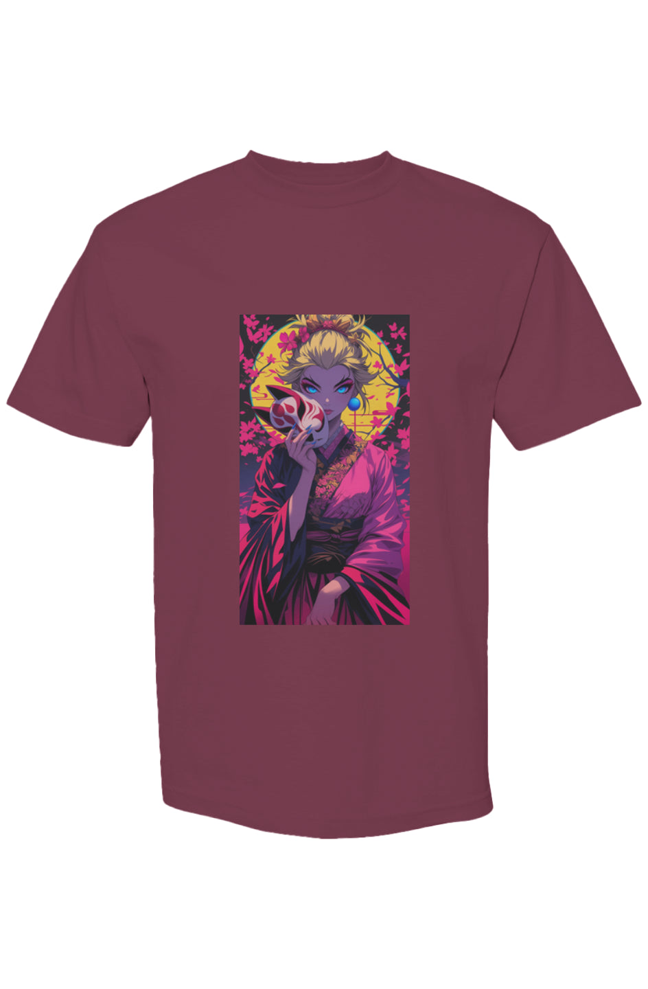 Drewsidious Otaku Collection Seven 25 maroon T-shirt featuring anime-style woman with kimono and fox mask, surrounded by cherry blossoms and vibrant background.