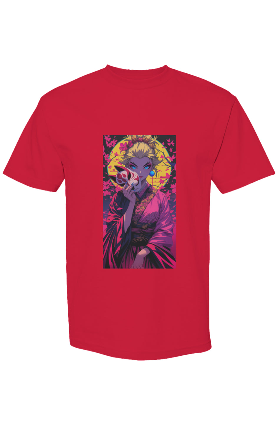 Drewsidious Otaku Collection XVI | Seven 25 red T-shirt featuring anime-style woman in kimono with fox mask, moon, and cherry blossoms, embodying digital-age artistic expression.