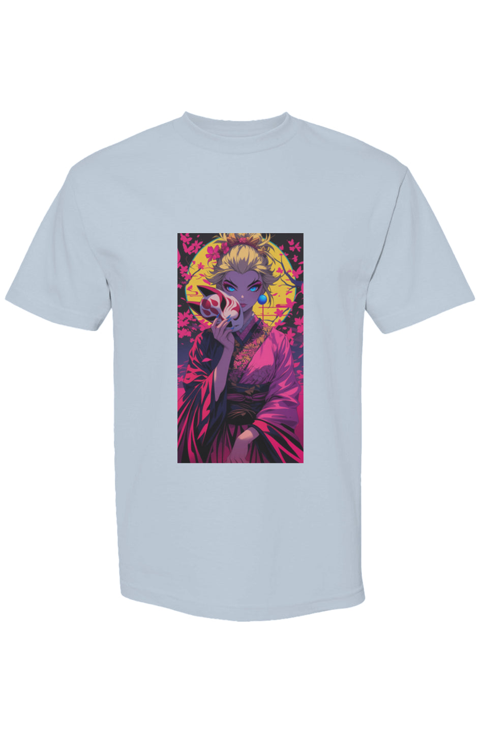 Anime-style T-shirt from Drewsidious Otaku Collection Seven 25, featuring a woman with a kitsune mask in a kimono against a cherry blossom backdrop.