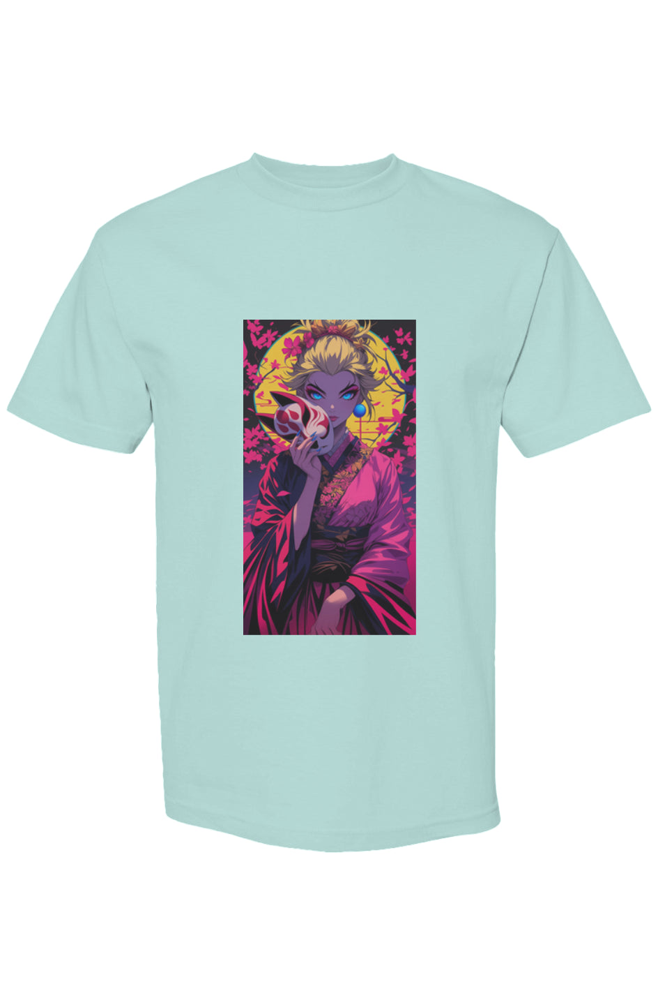 Pastel-mint T-shirt from Drewsidious Otaku Collection XVI | Seven 25 featuring anime-style woman in kimono with fox mask, cherry blossoms, and moon print.