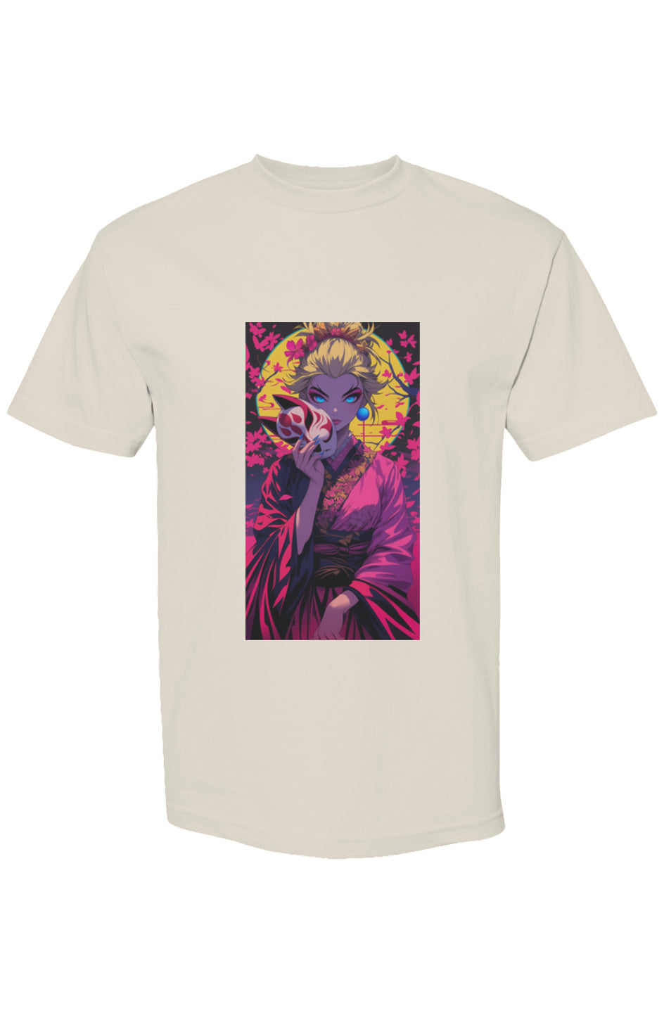 Drewsidious 'Otaku' Collection XVI | Seven 25 T-shirt featuring anime-style kimono-clad woman with fox mask, surrounded by cherry blossoms and birds on premium cotton.
