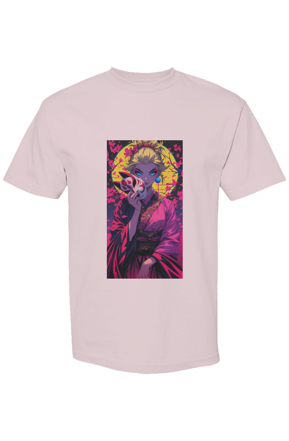 Light-pink T-shirt from Drewsidious Otaku Collection features manga-style art of a kimono-clad woman with a kitsune mask, cherry blossoms, and a glowing circle.