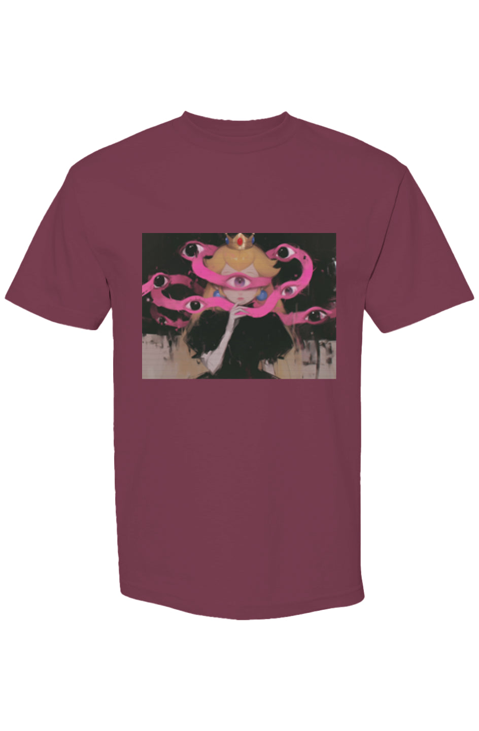 Drewsidious Otaku Collection XVII | Seven 25 T-shirt features a surreal graphic of a princess with a cyclopean eye and tentacled crown on burgundy fabric.