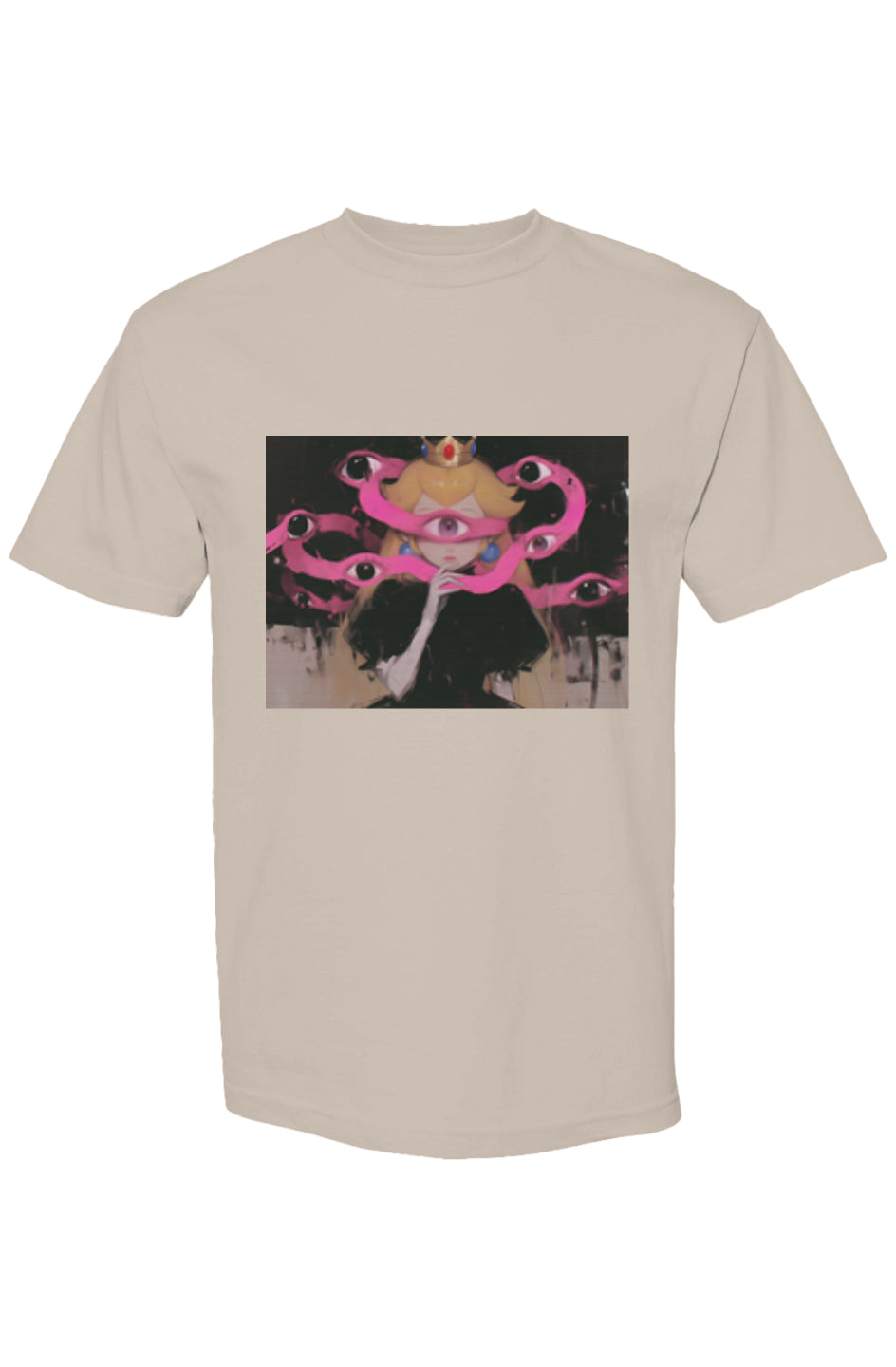 Light-tan T-shirt featuring surreal art of crowned princess with single eye, from Drewsidious Otaku Collection XVII | Seven 25. Boxy fit, heavyweight cotton.