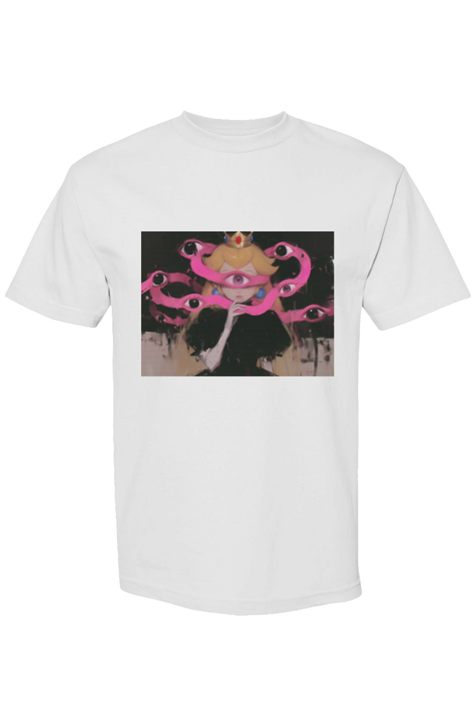 White T-shirt from Drewsidious Otaku Collection XVII | Seven 25, featuring a surreal princess illustration with a central eye and pink, eye-studded tendrils.