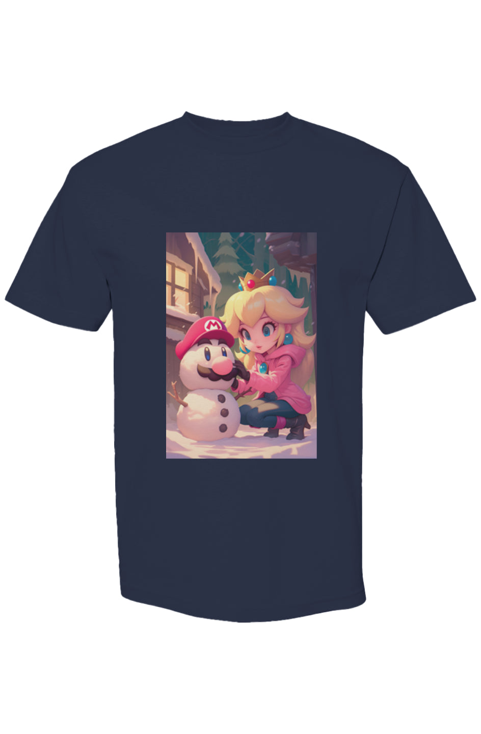 Navy-blue T-shirt from Drewsidious Otaku Collection XVIII | Seven 25, featuring Princess Peach building a Mario-themed snowman in a winter scene.