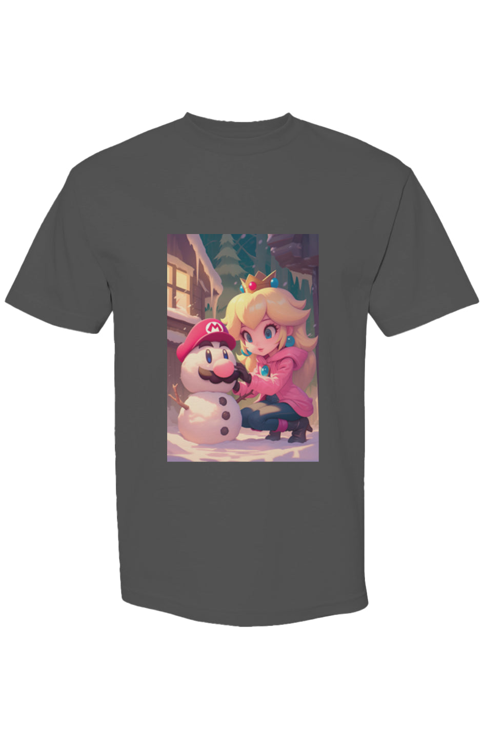 Princess Peach in winter gear builds Mario snowman on Drewsidious Otaku Collection T-shirt, showcasing gamer-style digital art and urban fashion.