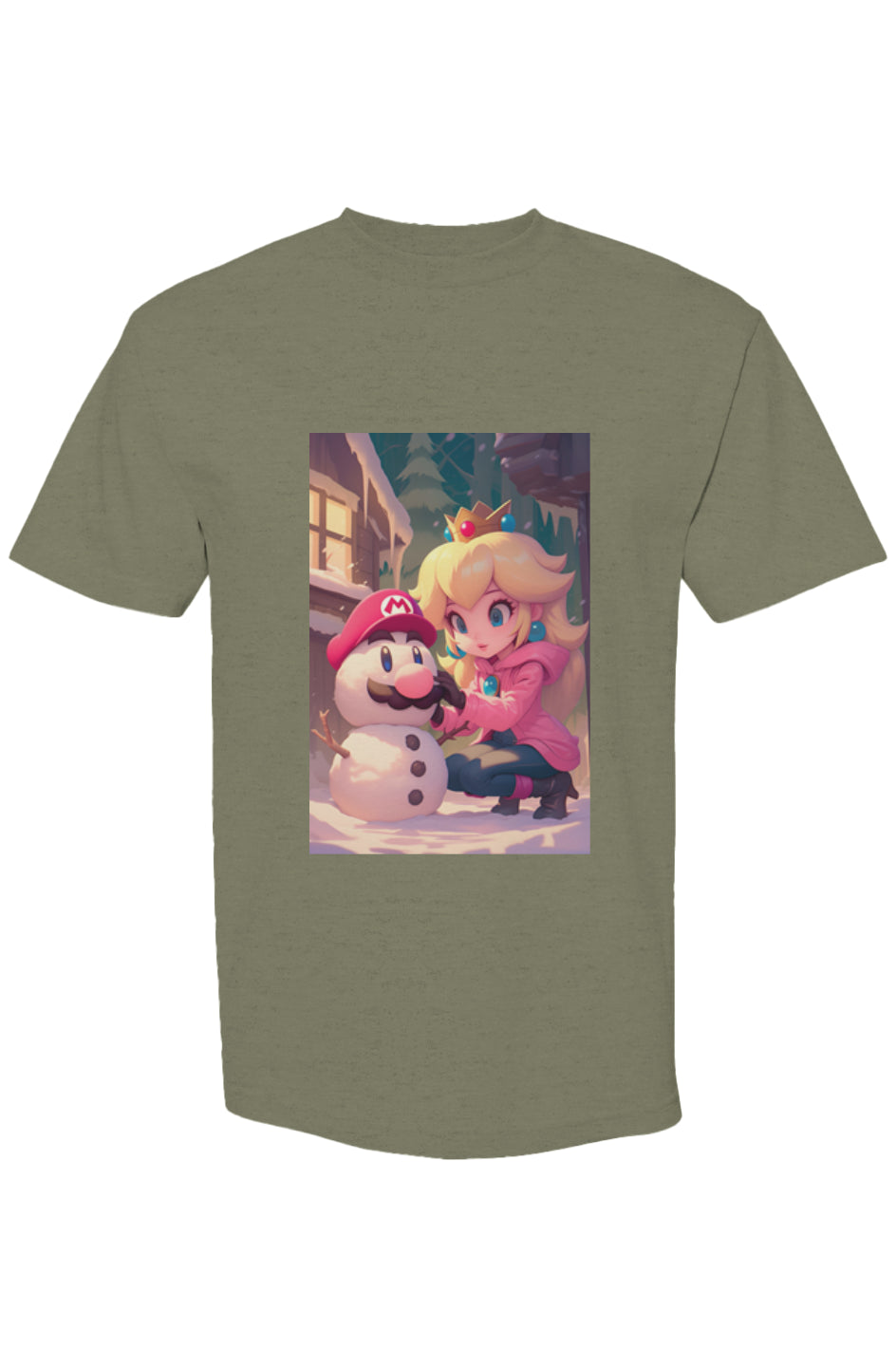 Heather-olive T-shirt from Drewsidious Otaku Collection XVIII | Seven 25, featuring Princess Peach building a Mario-styled snowman, emphasizing gamer-inspired digital artistry.