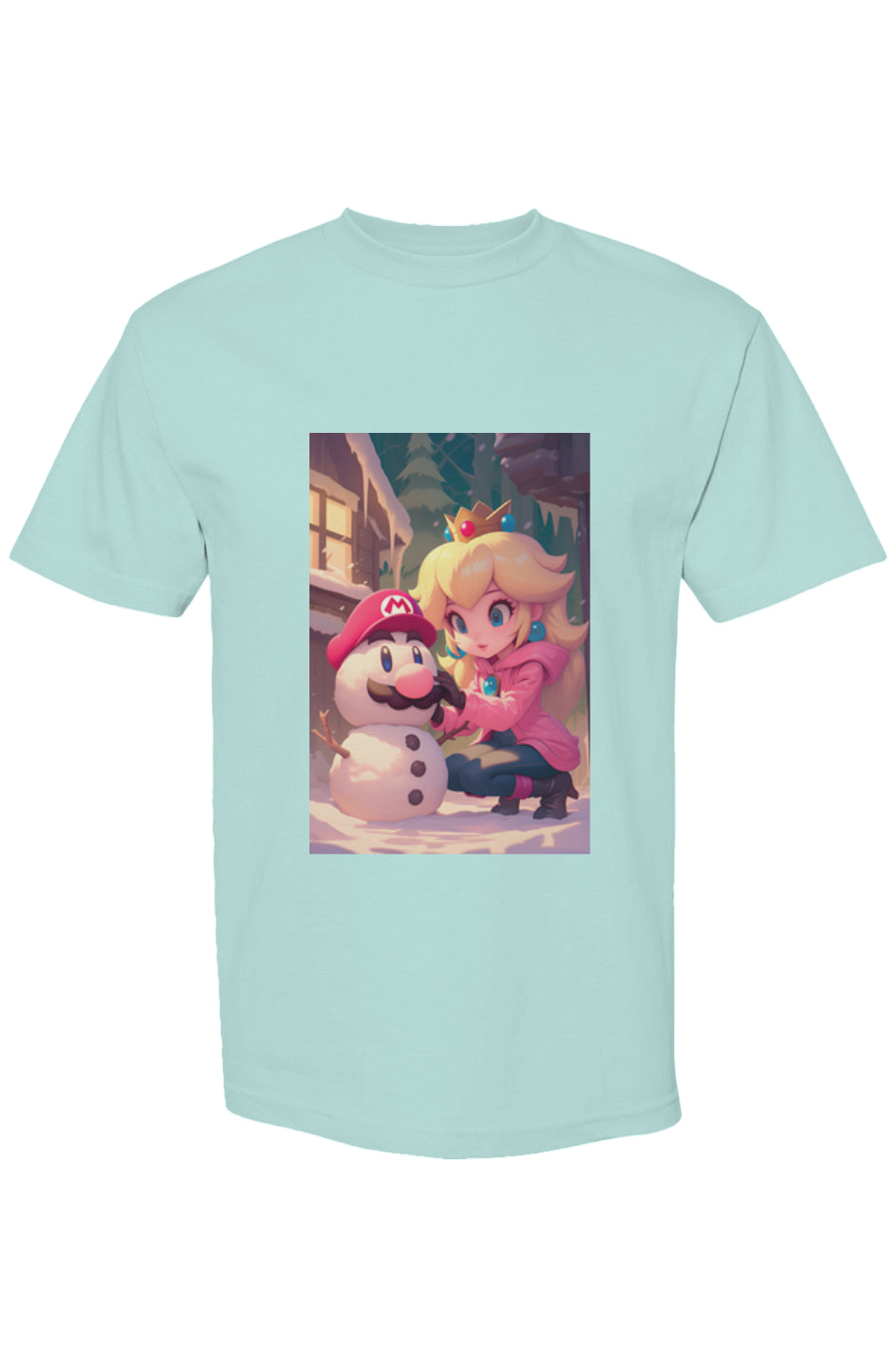 Princess Peach kneels, building a Mario snowman in a winter scene on a Drewsidious Otaku Collection XVIII | Seven 25 light-mint green T-shirt.