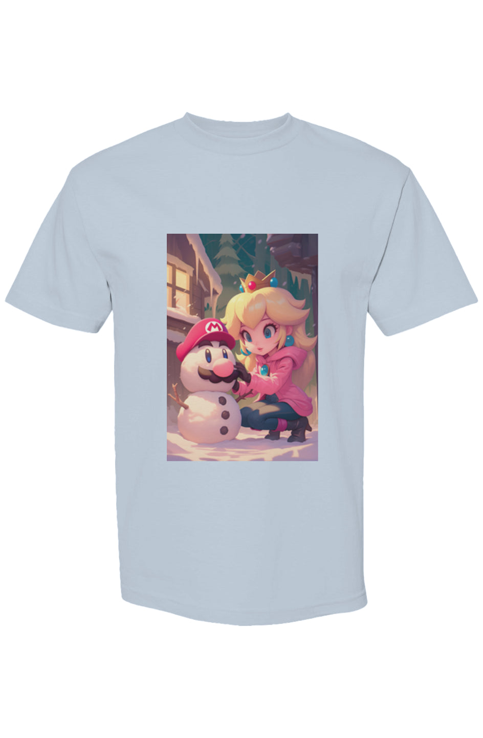 Light-blue T-shirt featuring Princess Peach building a Mario snowman, part of Drewsidious Otaku Collection XVIII | Seven 25, showcasing digital artistry and nerd culture.