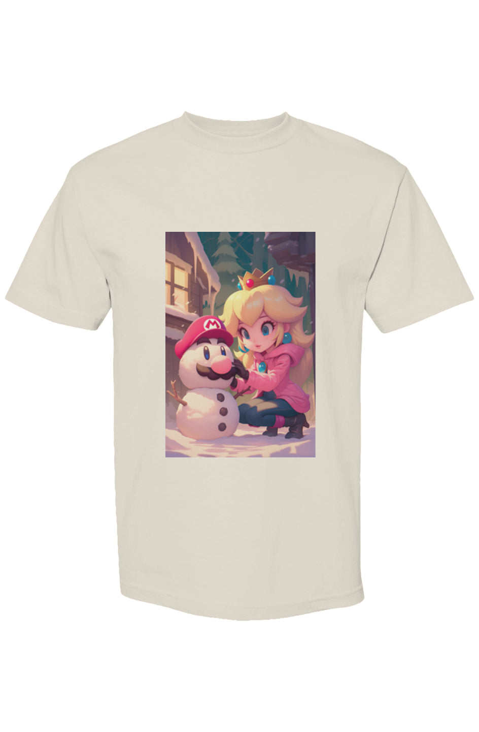 Light-beige T-shirt features Princess Peach sculpting a Mario snowman, part of Drewsidious Otaku Collection XVIII | Seven 25, showcasing gamer-style digital artistry.