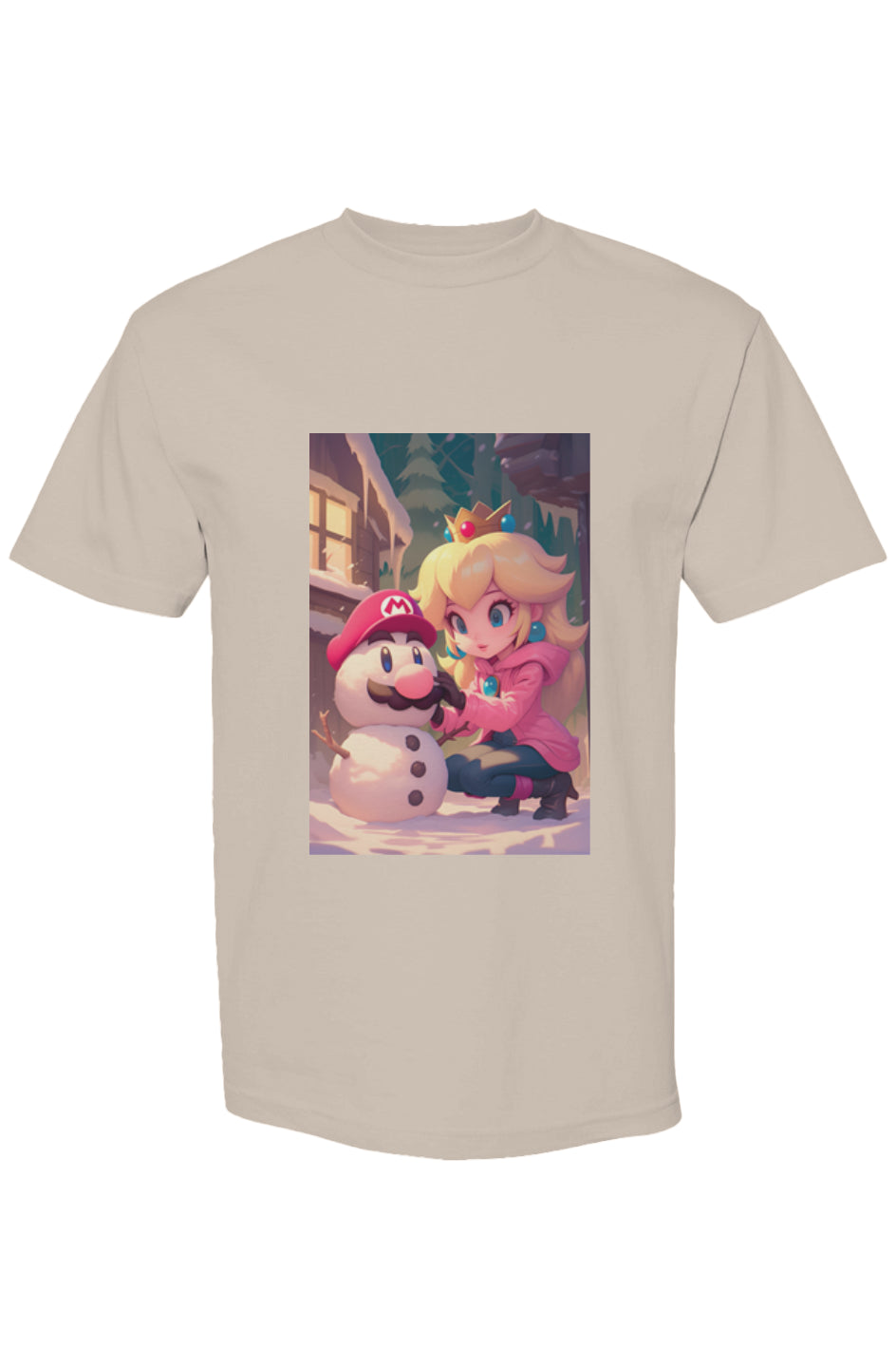 Light-beige T-shirt featuring Princess Peach building a Mario snowman, part of Drewsidious Otaku Collection XVIII | Seven 25, showcasing unique gamer-inspired artistry.
