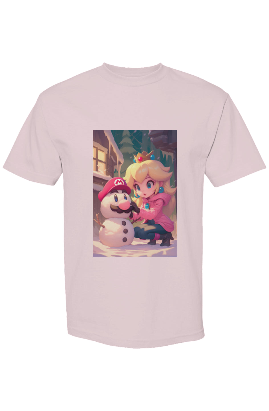 Light-pink T-shirt from Drewsidious Otaku Collection XVIII | Seven 25, featuring Princess Peach building a Mario-themed snowman in a snowy winter scene.