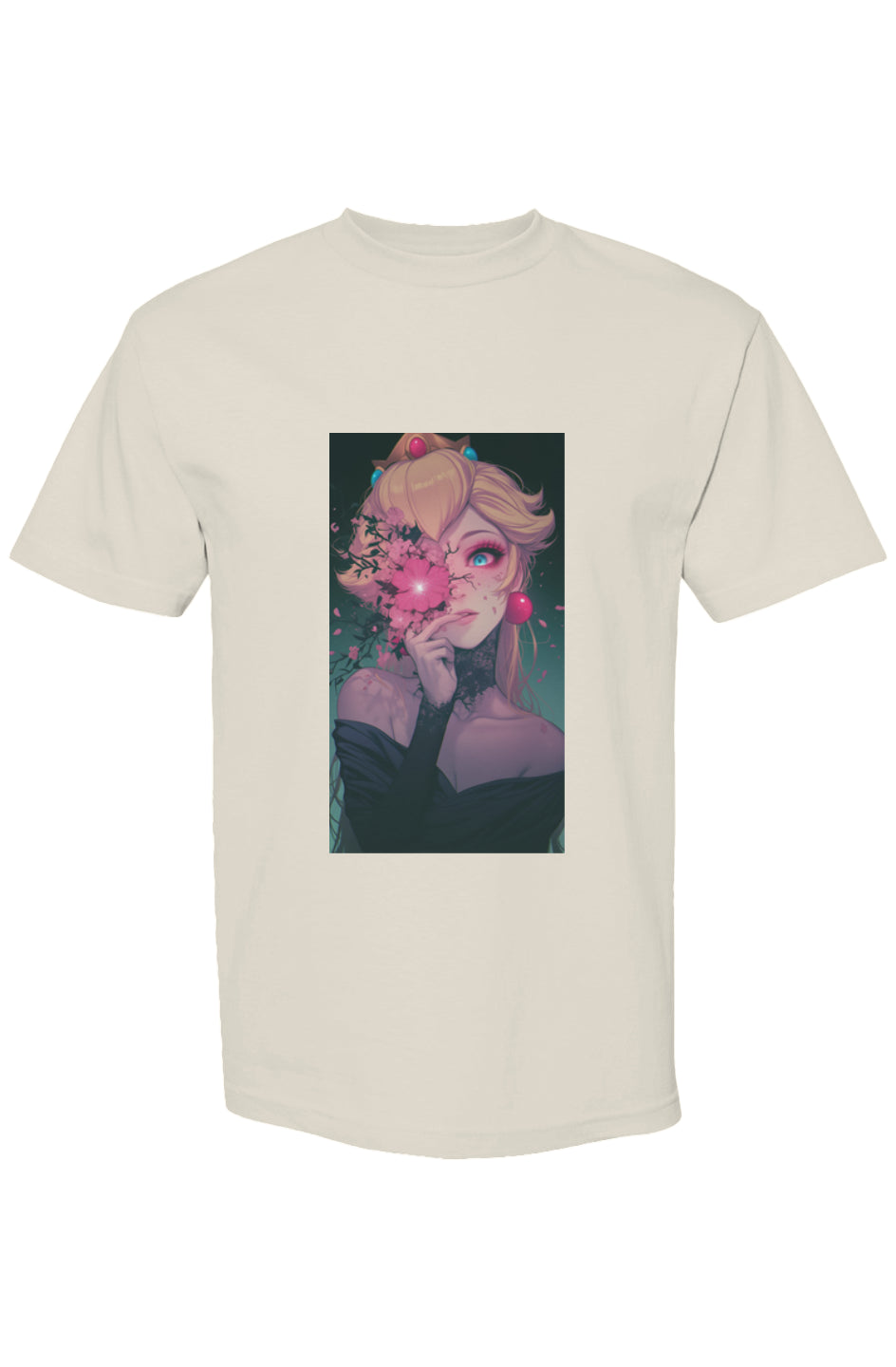Light-cream T-shirt featuring an anime-inspired princess portrait from the Drewsidious Otaku Collection | Seven 25, showcasing dark elegance and digital artistry.