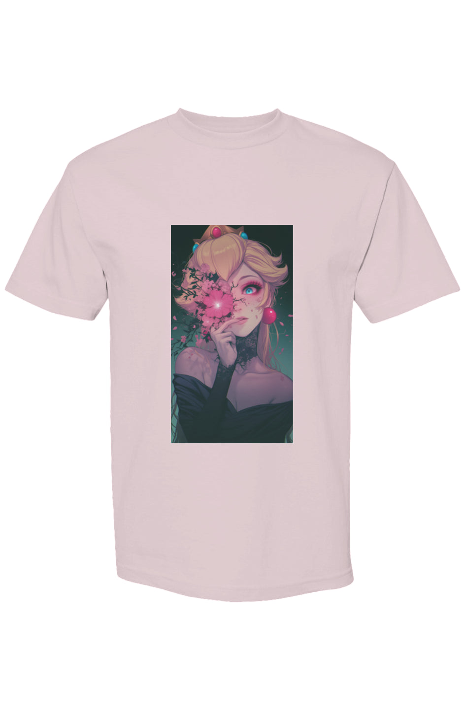 Pale-pink T-shirt featuring a princess-like figure with floral elements, part of Drewsidious Otaku Collection | Seven 25, blending gothic anime artistry.