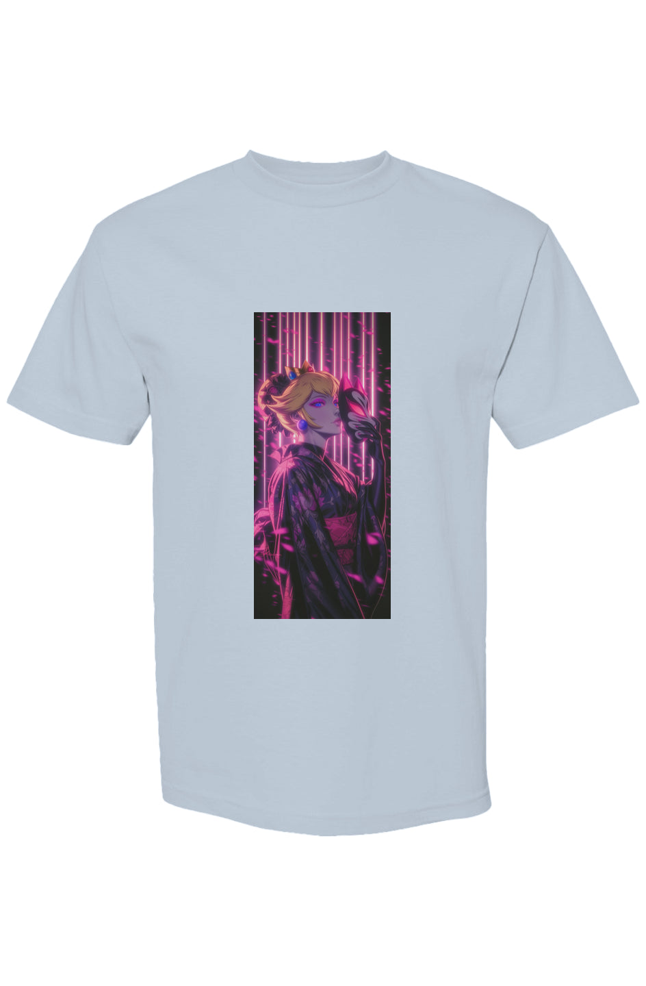 Light-blue T-shirt from Drewsidious Otaku Collection, featuring an anime woman with a kitsune mask, neon elements, and cherry blossoms, embodying digital-age artistry.