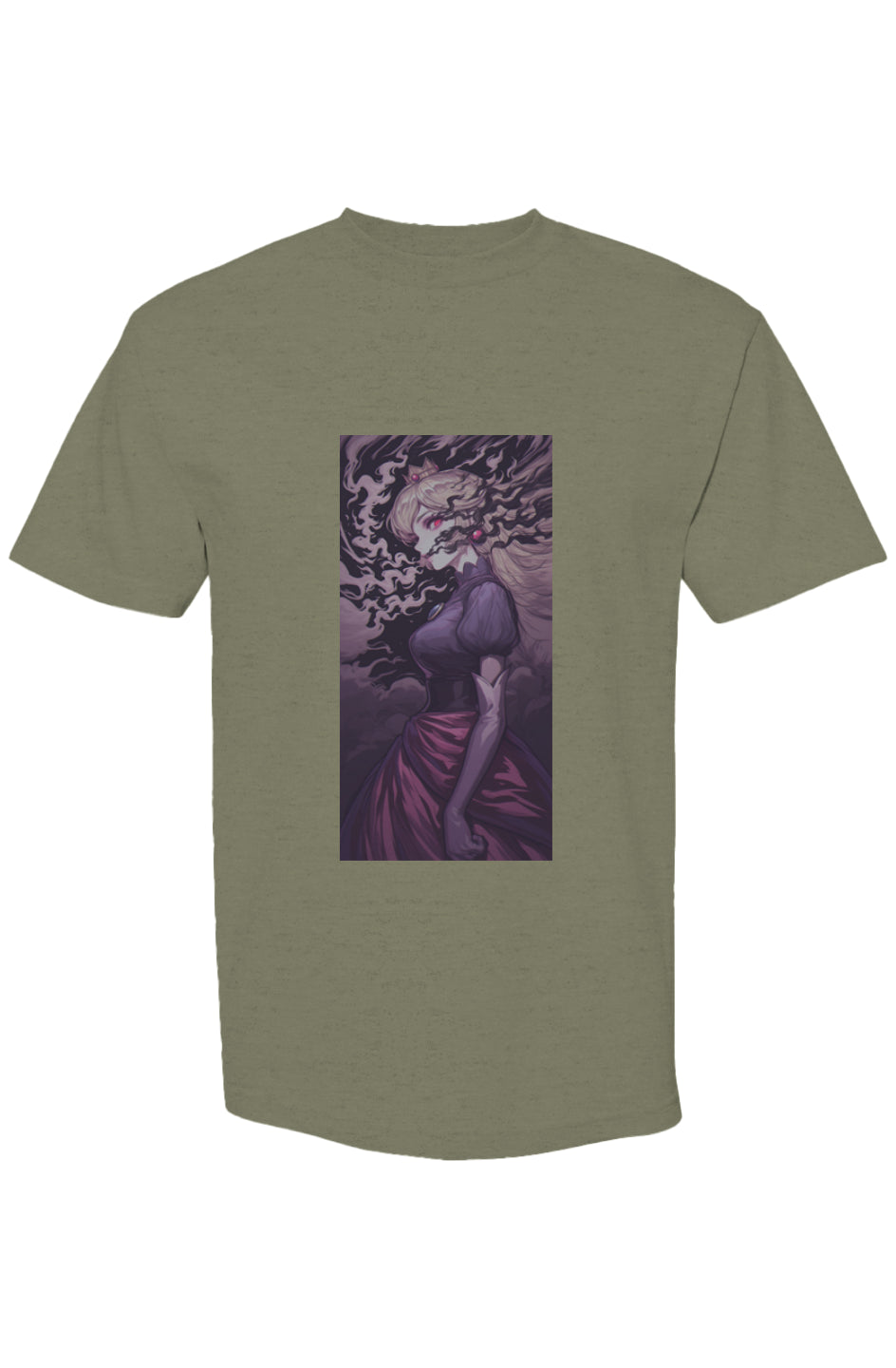 Olive-green T-shirt from Drewsidious Otaku Collection, featuring an illustrated gothic princess in profile, with red eye and smoky shadows, blending digital art and fashion.