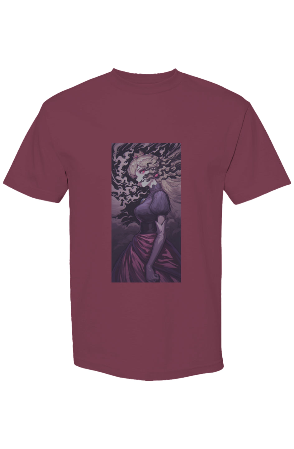 Maroon T-shirt from Drewsidious Otaku Collection Seven 25, featuring a gothic princess with red eyes, blending gamer art and fairytale vibes.