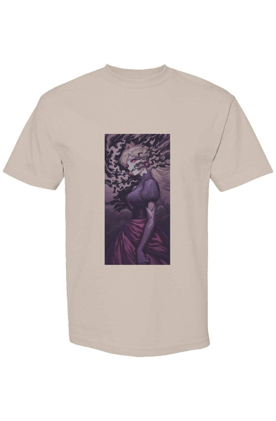 Light-tan T-shirt from Drewsidious Otaku Collection featuring gothic princess artwork with crown, red eyes, and swirling shadows, showcasing supernatural digital artistry.