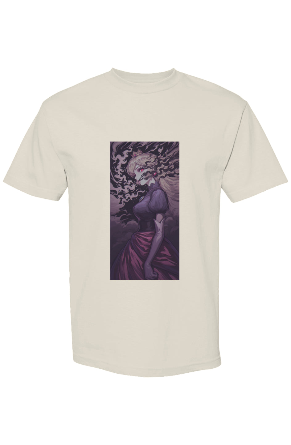 Light-colored T-shirt featuring a gothic illustration of a princess with glowing red eyes from the Drewsidious Otaku Collection | Seven 25.