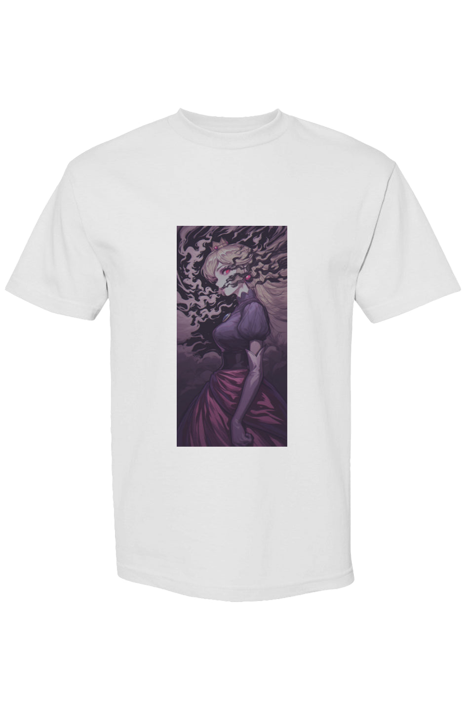 Drewsidious Otaku Collection Seven 25 T-shirt featuring a gothic-fantasy portrait of a woman in a purple gown with flowing blonde hair and swirling shadows.