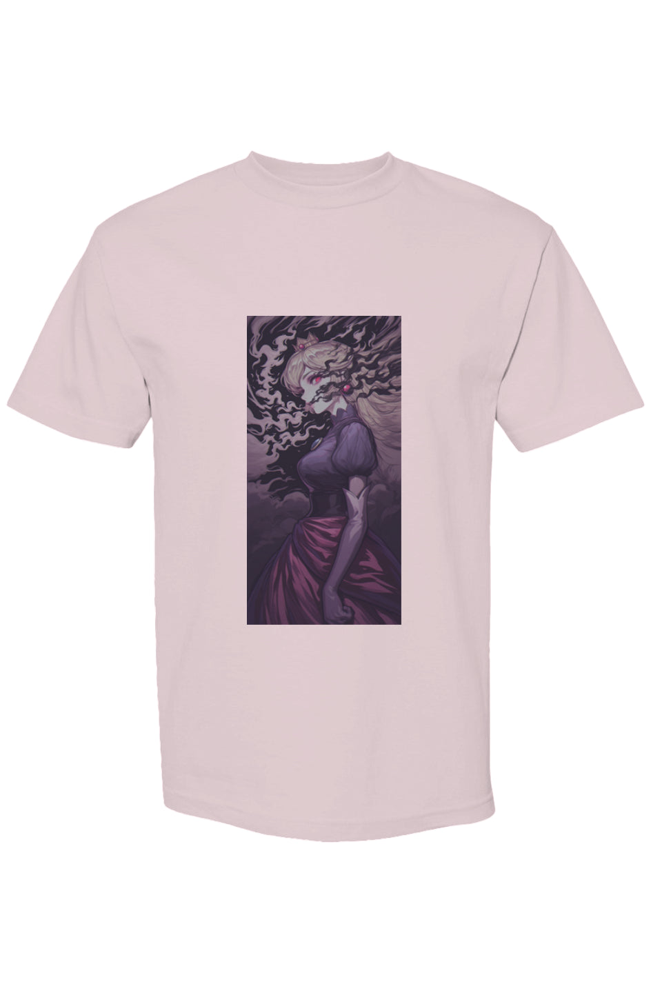 Light-pink T-shirt from Drewsidious Otaku Collection | Seven 25, featuring gothic illustration of a crowned woman with smoky tendrils, in a puff-sleeved bodice.