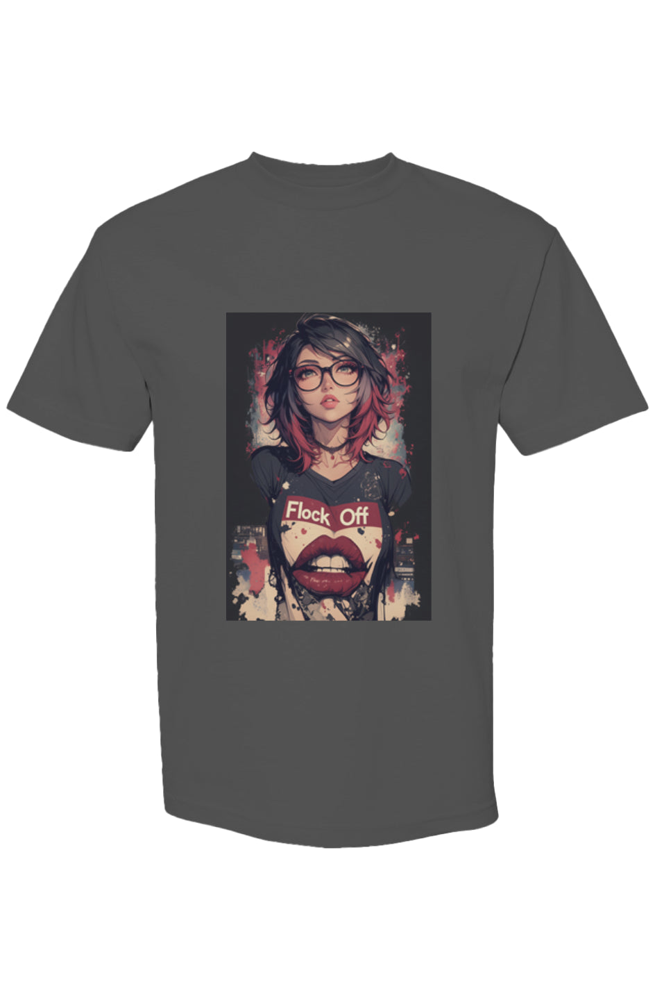 Dark-gray T-shirt featuring an anime-style portrait with glasses, red lips, and Flock Off text. Part of Drewsidious Otaku Collection | Seven 25.