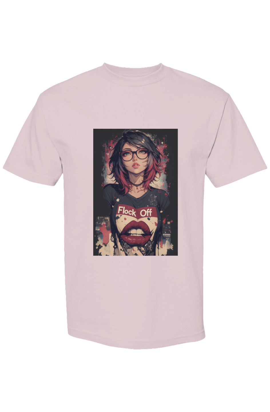 Unisex T-shirt featuring Drewsidious Otaku Collection's anime-inspired portrait with Flock Off text, blending street-art elements on heavyweight cotton for urban style.