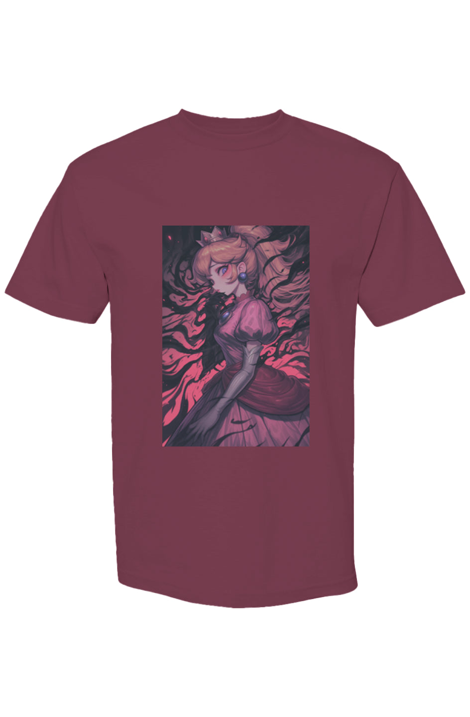 Maroon T-shirt from Drewsidious Otaku Collection XXV | Seven 25, featuring a dark-themed illustration of a princess enveloped by shadowy tendrils.