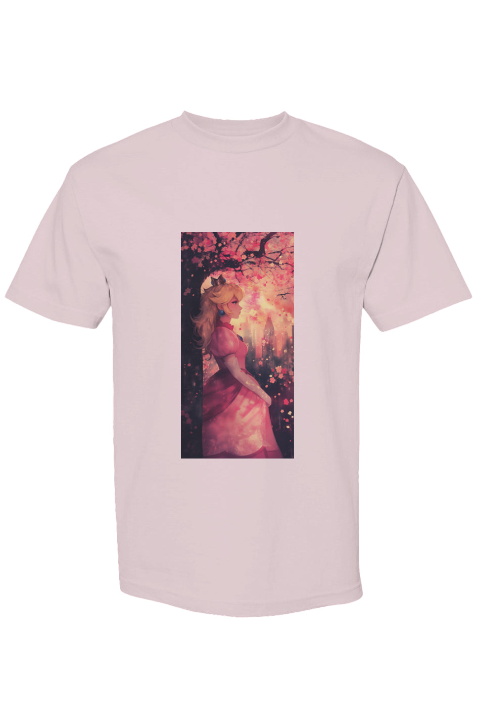 Light-pink T-shirt from Drewsidious Otaku Collection | Seven 25 featuring Princess Peach in anime style beneath cherry blossoms, showcasing gamer-style digital artistry.