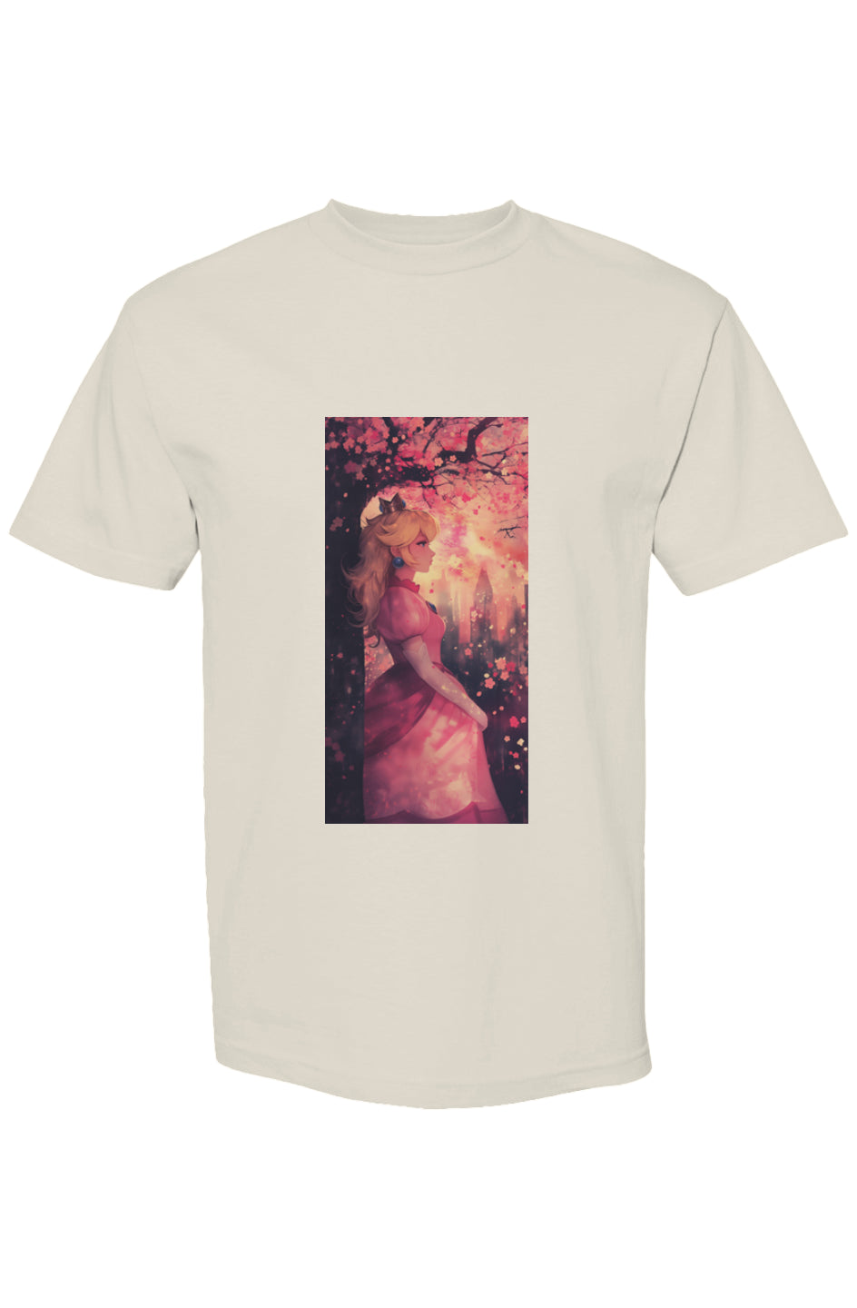 Drewsidious Otaku Collection II | Seven 25 T-shirt featuring Princess Peach, in profile, under cherry blossoms with a distant cityscape, embodying digital artistry and urban style.