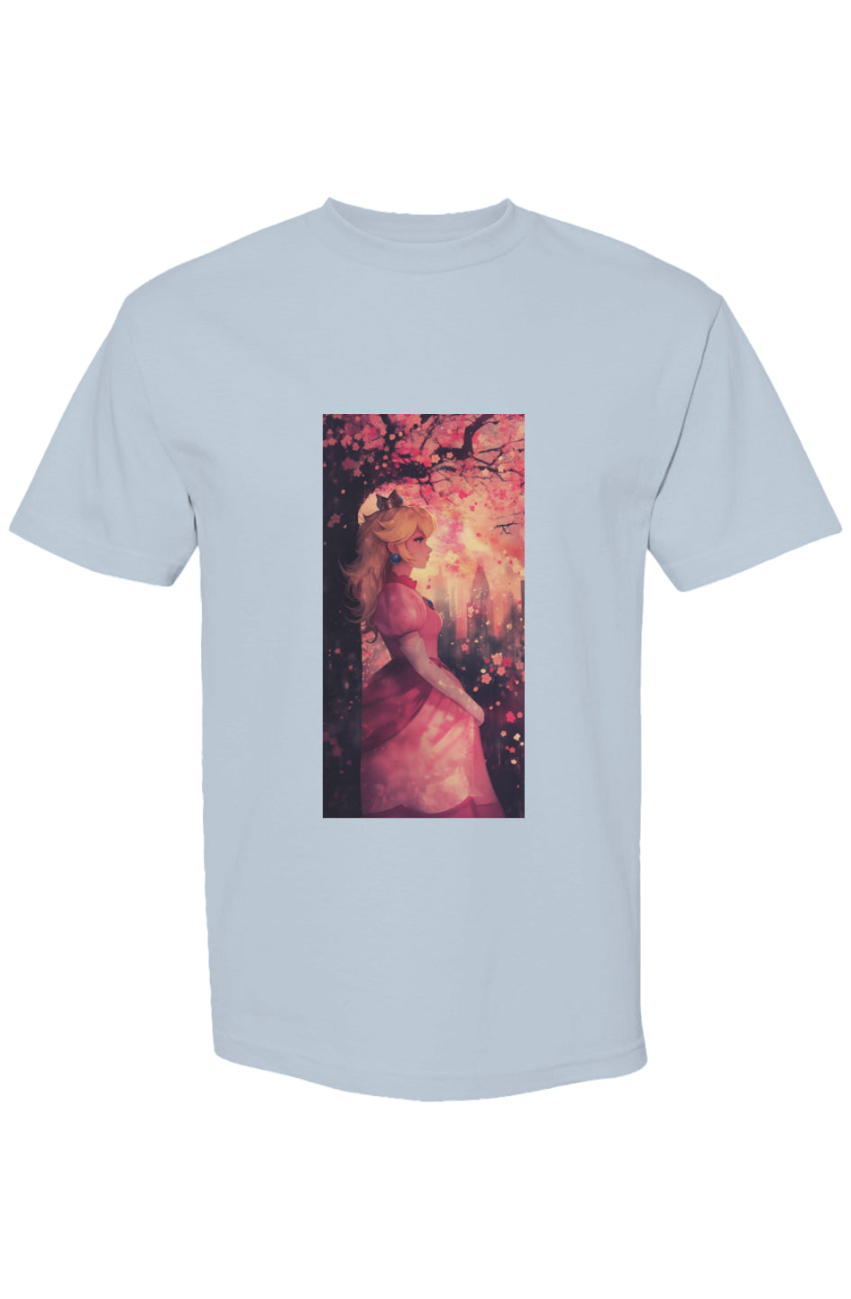 Light-blue T-shirt from Drewsidious Otaku Collection | Seven 25 featuring a princess under cherry blossoms, city skyline at sunset, on heavyweight cotton.