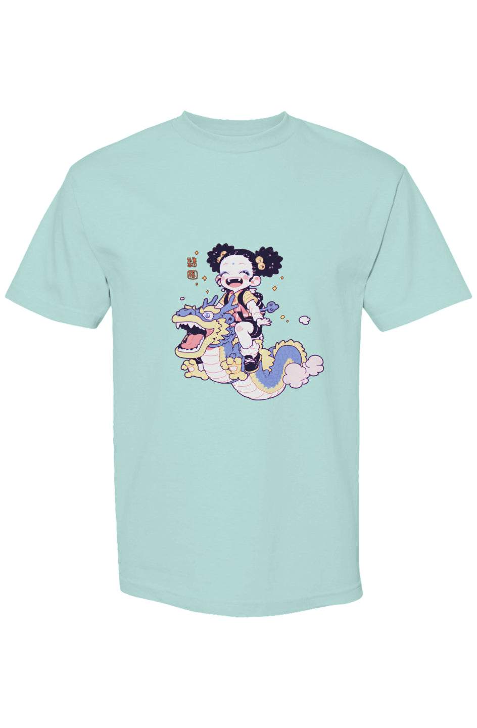 Light aqua T-shirt from Shinjoku Streetwear Vibes I | Seven 25, featuring a chibi child riding a cloud-wreathed dragon in pastel hues.
