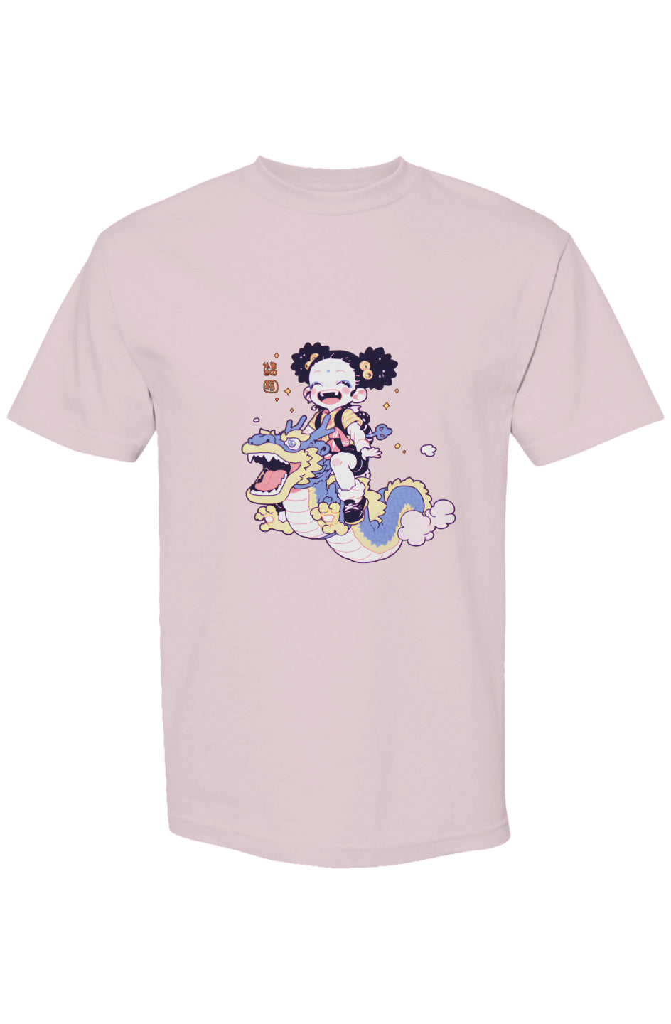 Light-pink tee with a laughing girl on a dragon, celebrating Shinjoku Streetwear Vibes I | Seven 25's creative, digital-era artistry.