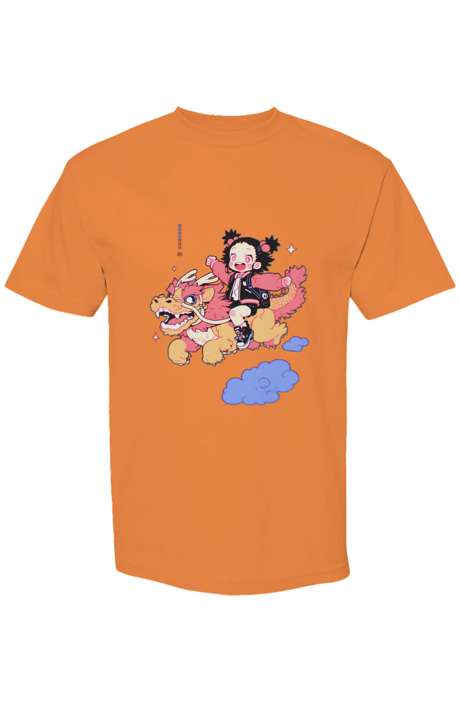 Orange T-shirt featuring a whimsical cartoon of a girl riding a pastel dragon, embodying the creative essence of the Shinjoku Streetwear Vibes II | Seven 25 collection.