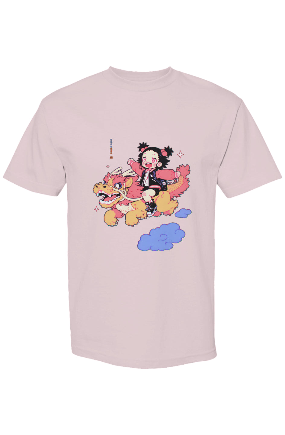 Shinjoku Streetwear Vibes II | Seven 25: Light-pink tee featuring chibi girl on a dragon, capturing digital-era artistry on premium cotton with a relaxed, boxy fit.