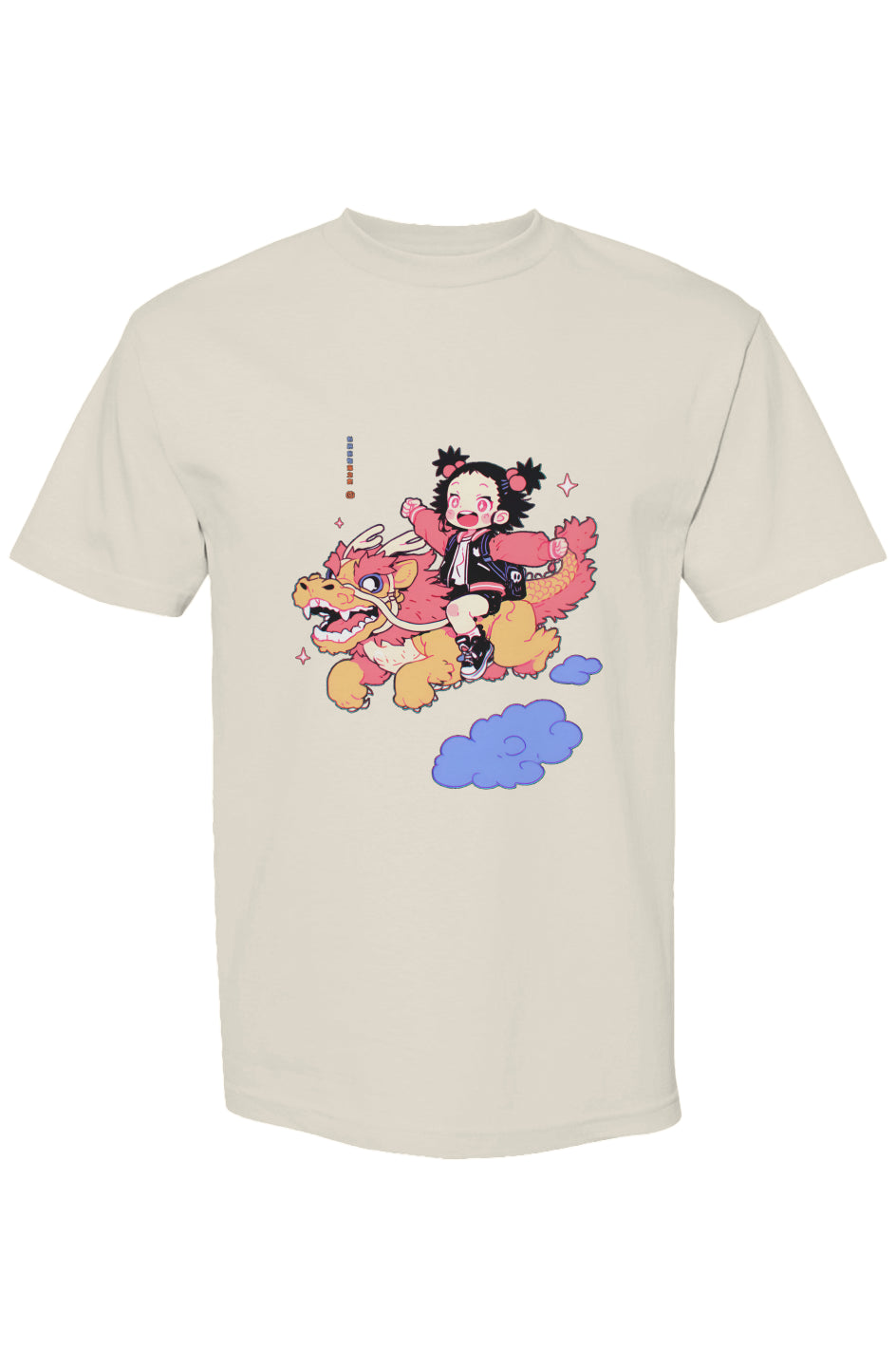 Shinjoku Streetwear Vibes II | Seven 25 T-shirt featuring a joyful anime child riding a smiling dragon, showcasing playful, vibrant artwork on premium cotton.