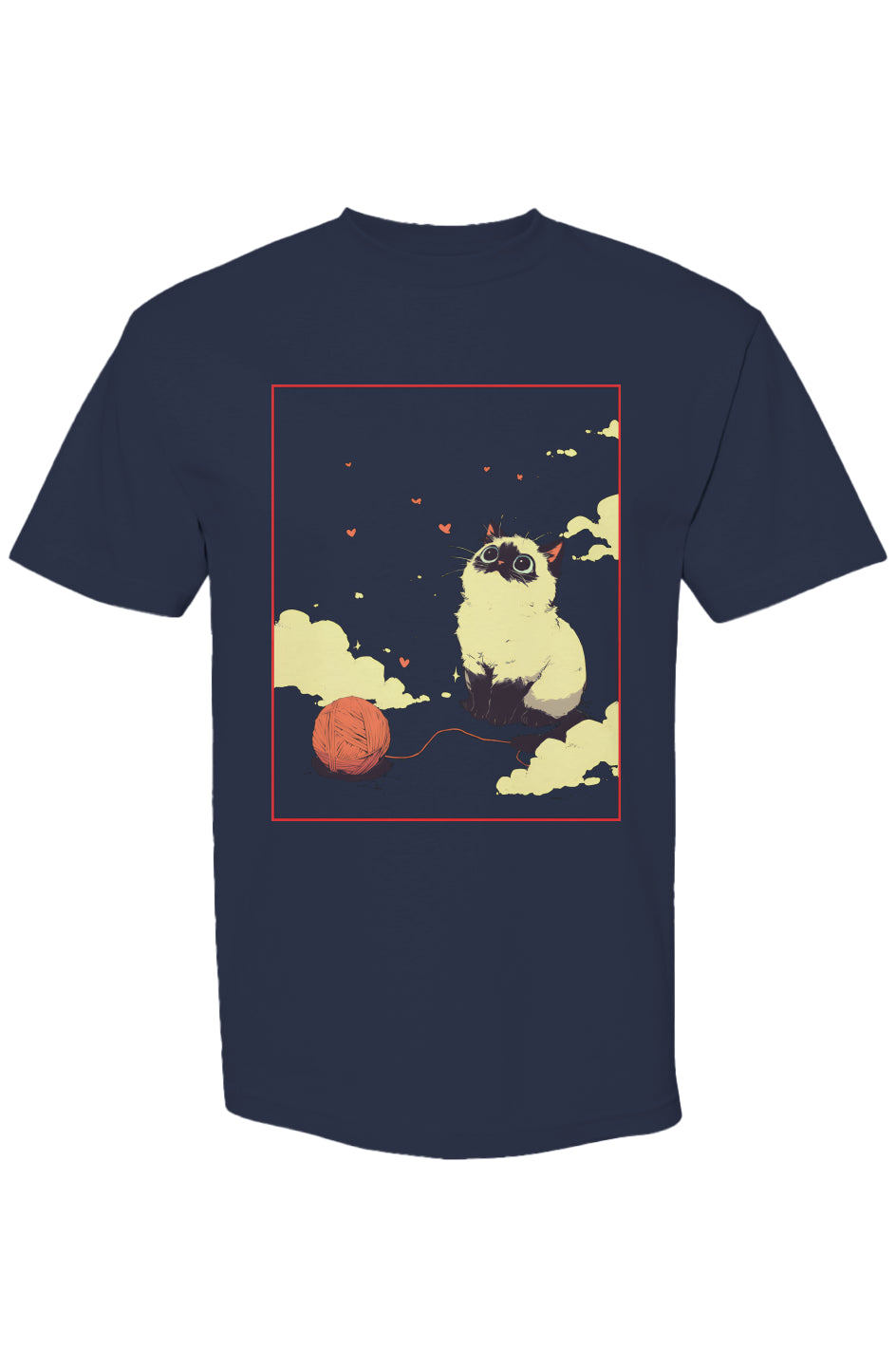 Shinjoku Streetwear Vibes III | Seven 25 T-shirt with a playful cat, yarn, clouds, and hearts design on the front, capturing a whimsical, dreamy essence.