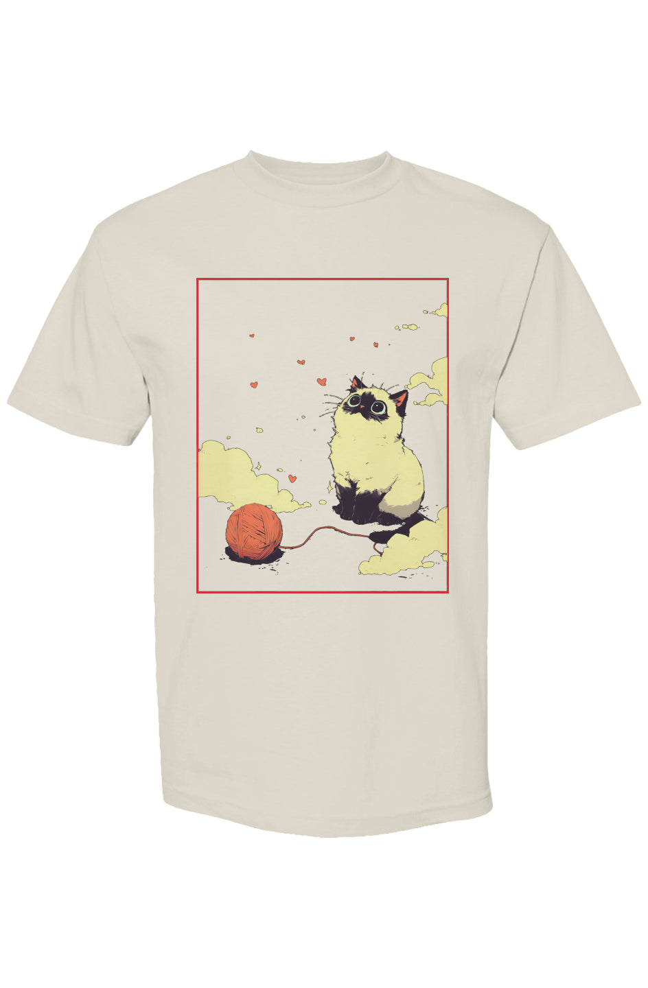 Off-white crew-neck T-shirt from Shinjoku Streetwear Vibes III | Seven 25, featuring a fluffy cat illustration with a red ball of yarn and floating hearts.