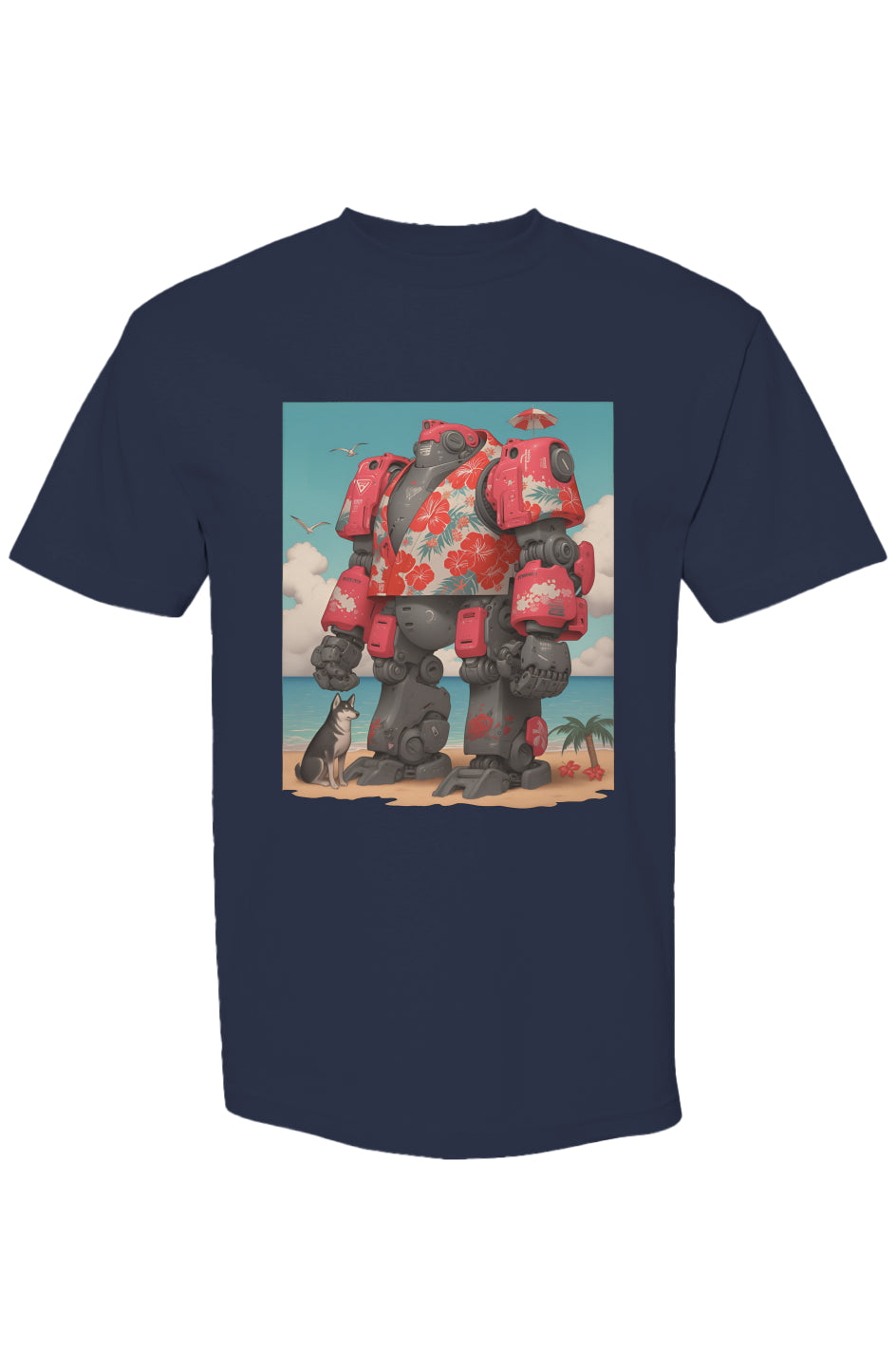 Navy-blue Shinjoku Streetwear Vibes VI T-shirt featuring a large graphic of a mech on a beach with a dog, ocean, and seagulls.