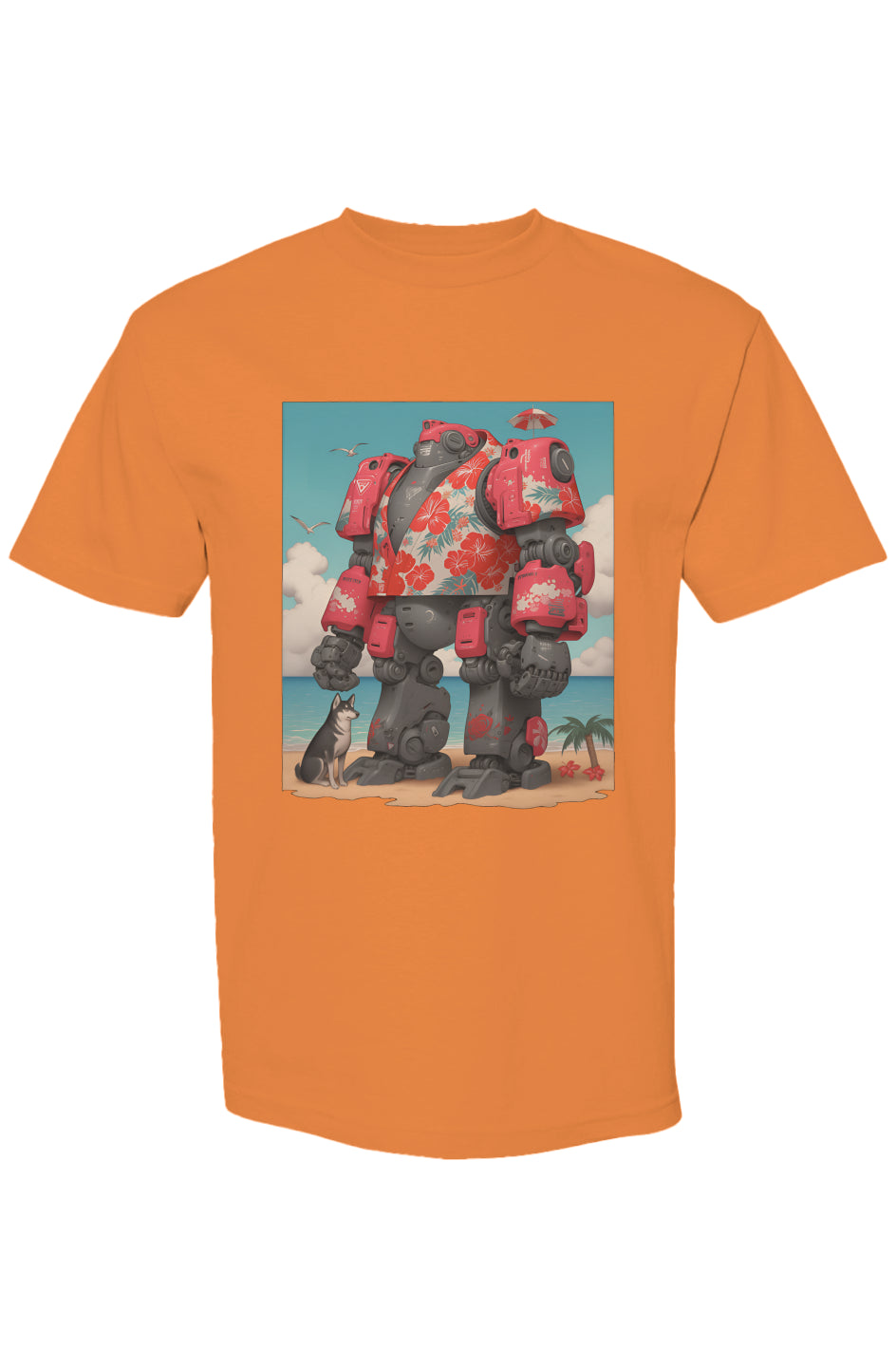 Orange T-shirt featuring a mech in a Hawaiian shirt on a beach, part of the Shinjoku Streetwear Vibes VI | Seven 25 collection.