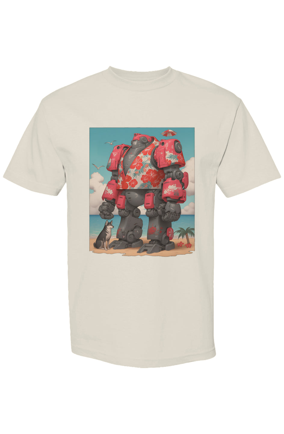 Shinjoku Streetwear Vibes VI | Seven 25: Light T-shirt with mech in Hawaiian print on a beach, husky beside, part of Shinjoku x Artifact1337 collaboration.