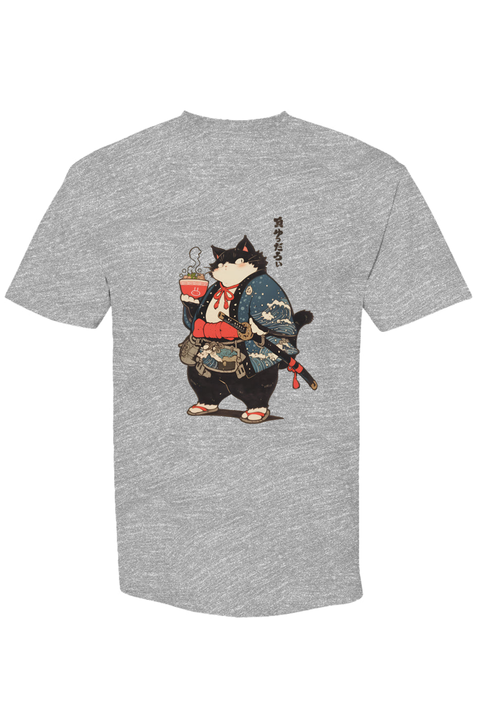 Heather-gray T-shirt featuring a portly black-and-white cat in samurai garb, holding ramen, part of Shinjoku Streetwear Vibes VII | Seven 25 collection.